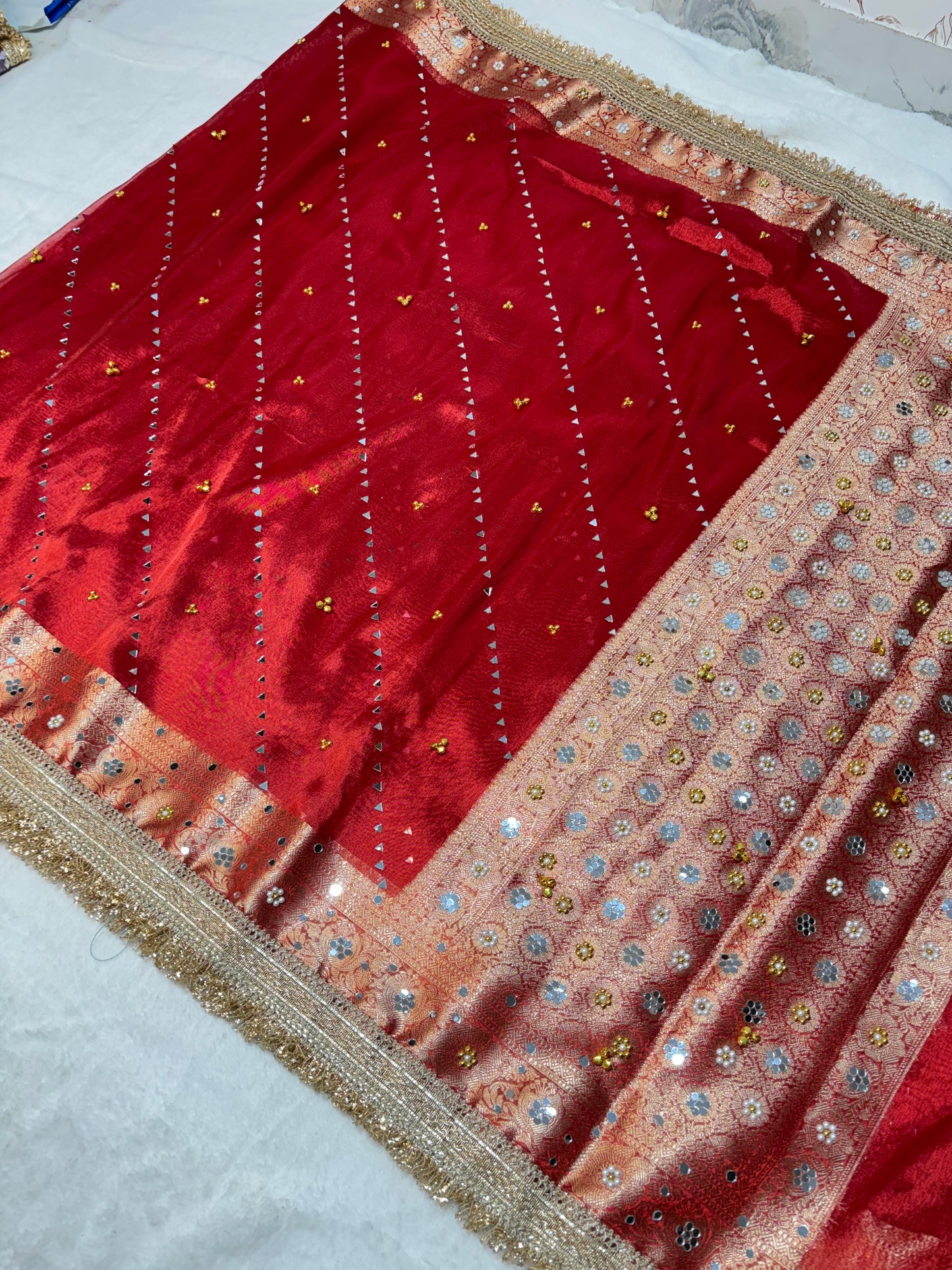 Ghungroo Mirror Handwork Premium Soft Tissue Saree