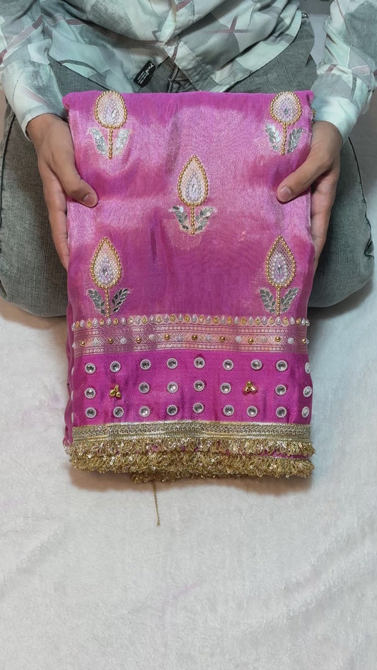 Ghungroo Banarasi Mirror & Pearl Handwork Soft Tissue Saree