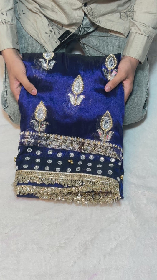 Ghungroo Banarasi Mirror & Pearl Handwork Soft Tissue Saree