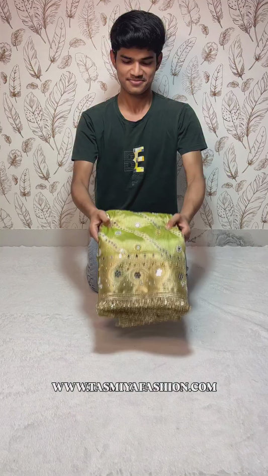 Ghungroo & Mirror handwork Banarasi Soft Tissue Saree